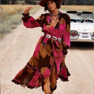 NWT Chasing Unicorns To Love is To Fly Maxi Dress Long Sleeve Magenta Brown XS S